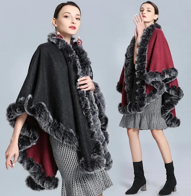 black red color Двусторонний искусственный мех твердый плащ пончо кардиган вязание леди шаль палантин обертывания свитер#4141 - Цвет: black red color