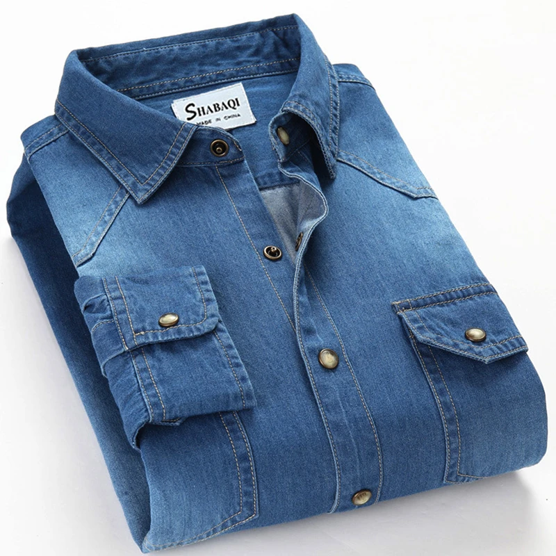 Men's Slim Denim Shirt Spring Cotton Square Collar Pocket Button Fashion Long Sleeve Jeans Shirt