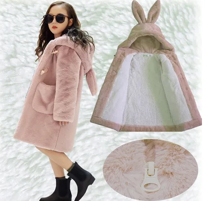 Dollplus/зимнее пальто для девочек парки для девочек от 3 до 12 лет утепленная Вельветовая куртка с капюшоном и заячьими ушками одежда для маленьких девочек