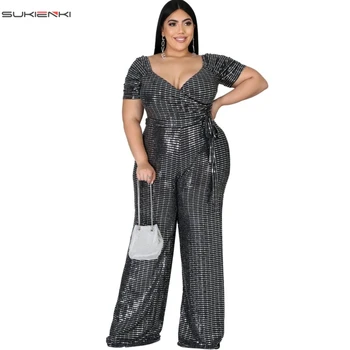 

2020 New Women Fashion Summer Plus Size 6XL Sequined Jumpsuits Sexy V-neck Short Sleeve Straight Jumpsuits Casual Overalls