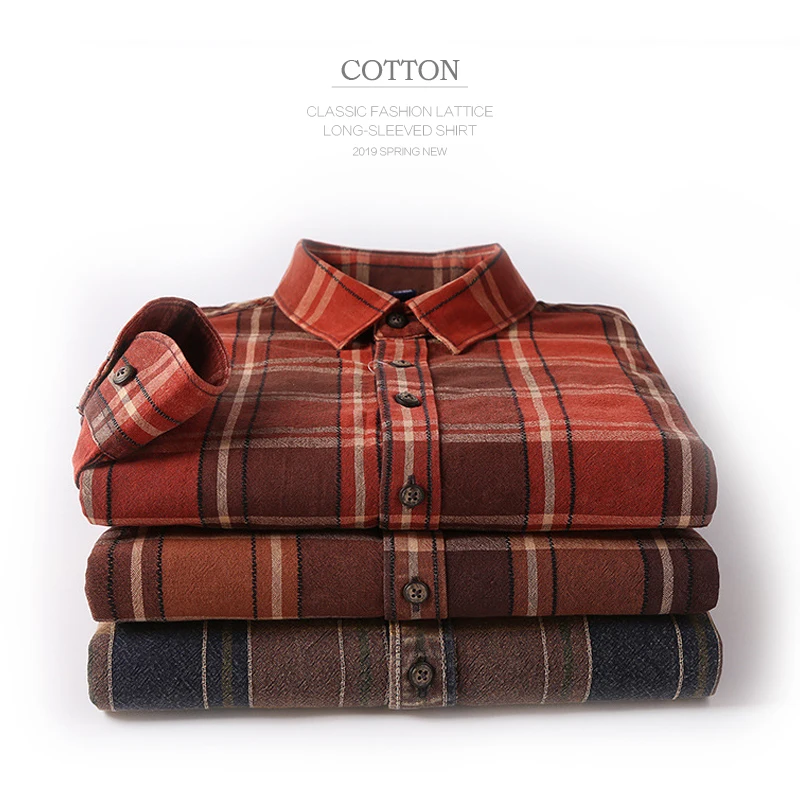 

100% Cotton 2020 Spring New Men Casual Classical Plaid Shirt Washed Fabric Slim Long-sleeved Shirt Male Brand Clothing