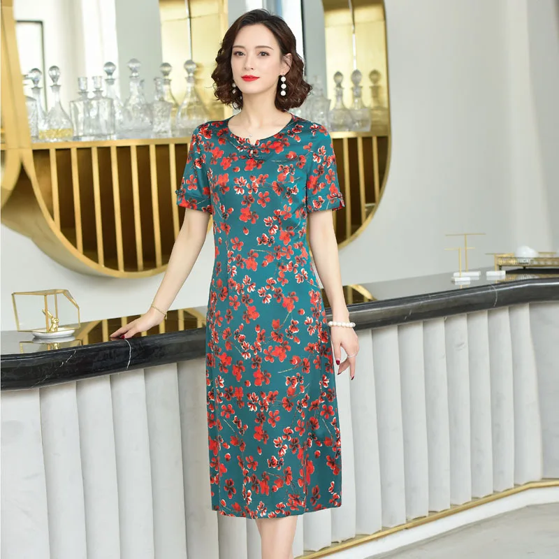 2019 Zomer Slijtage Nieuwe Stijl Retro Bloemen Print Korte Mouw Moerbei Zijden Rok Grote Maat Loose-Fit Western stijl Zijden Jurk Wom 2019 Zomer Slijtage Nieuwe Stijl Retro Bloemen Print Korte Mouw Moerbei Zijden Rok Grote Maat Loose-Fit Western stijl Zijden Jurk Wom