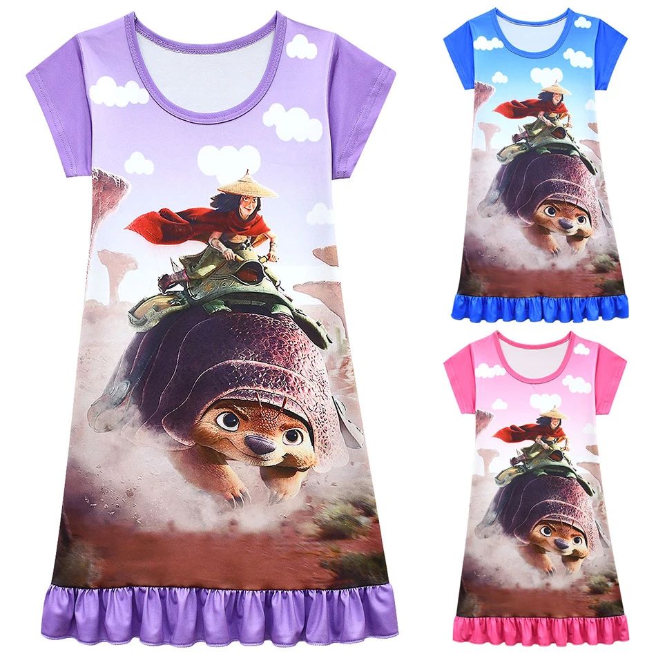 Disney-vestido de verano con estampado para niñas, ropa informal para niños, vestidos de dragón Raya el último, camisón, PIJAMAS