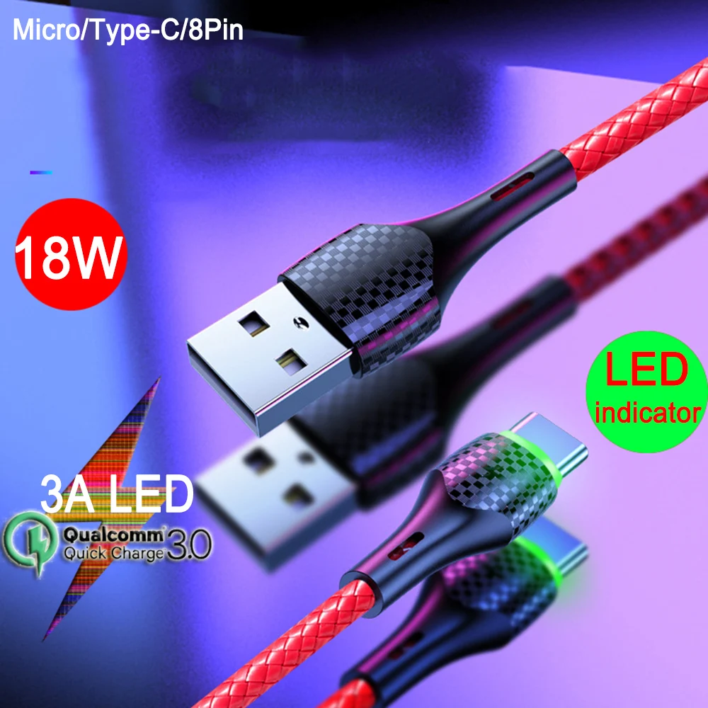 

Type C To USB Micro USB C Cable Lighting Cable for iPhone 12 Pro 11 for Redmi Note 8 Pro 9 7 Led Cable Xiaomi LED Fast Charging