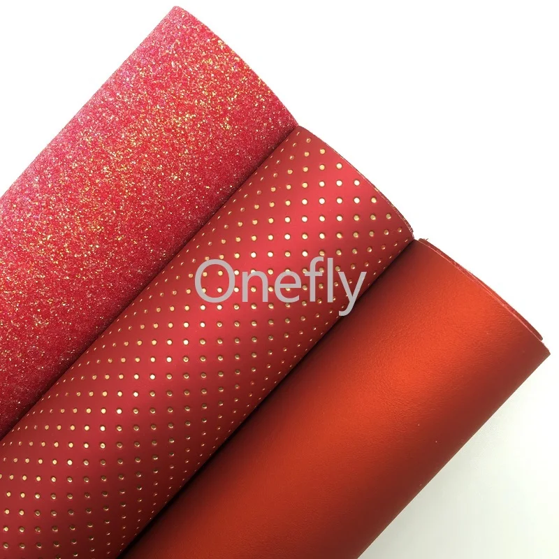 Onefly Красная тонкая блестящая кожа тисненые в золотые точки листы из