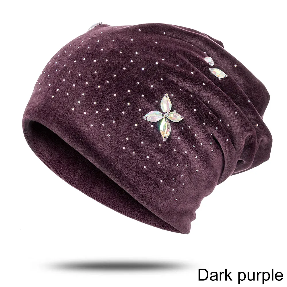 IWINTENew зимняя женская шапка бархатная теплая Skullies Beanies Женская Повседневная яркая перламутровая шапка роскошная женская шапка - Цвет: dark purple B