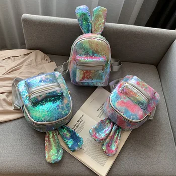 

New Women Rabbit Ears Decoration Backpacks Girls Fashion Bling School Bag Female Panelled Outdoor Sequins Shoulder Backpacks
