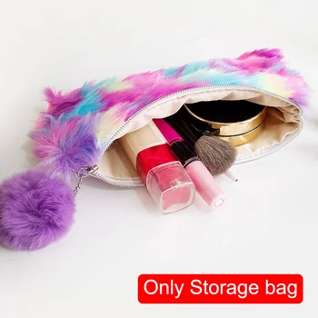 

Travel Cosmetic Bag For Makeup Cute Durable Pencil Case Portable Zipper Closure Rainbow Style Multi-colored Faux Fur Ball