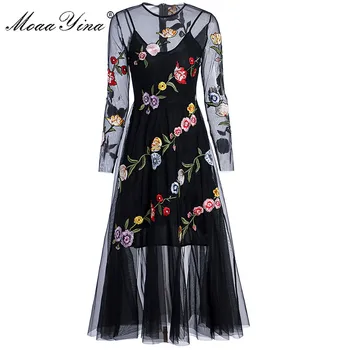 

MoaaYina Fashion Runway dress Spring Summer Women's Dress Long sleeve Mesh Floral Embroidery Black Elegant Dresses