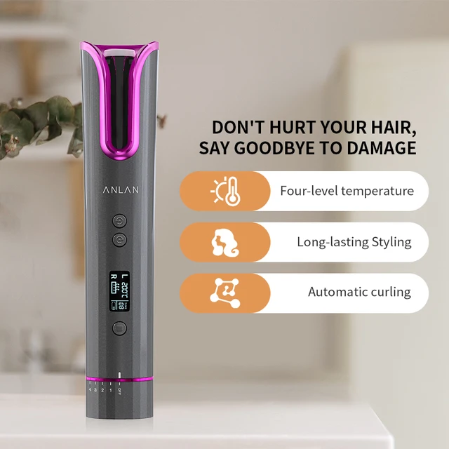 ANLAN Wireless Automatic Hair Curler Cordless Portable Hair Iron Curler USB Rechargeable LCD Display Fast Heating