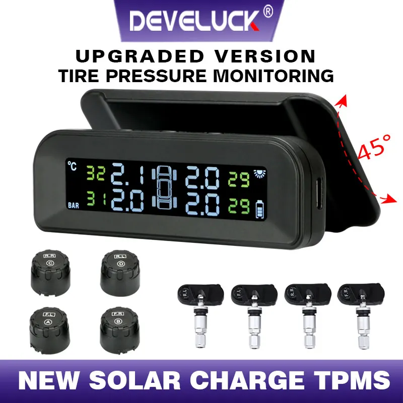 

TPMS Solar charging Car Tire Pressure Monitor System Automatic Brightness Control USB and Adjustable LCD Screen 4 Tire sensor