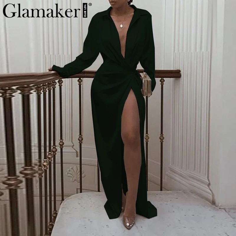 Glamaker, белое сатиновое сексуальное платье-рубашка, Элегантное макси-платье с разрезом, платье с глубоким отложным воротником и длинным рукавом, vestidos de fiesta - Color: Black