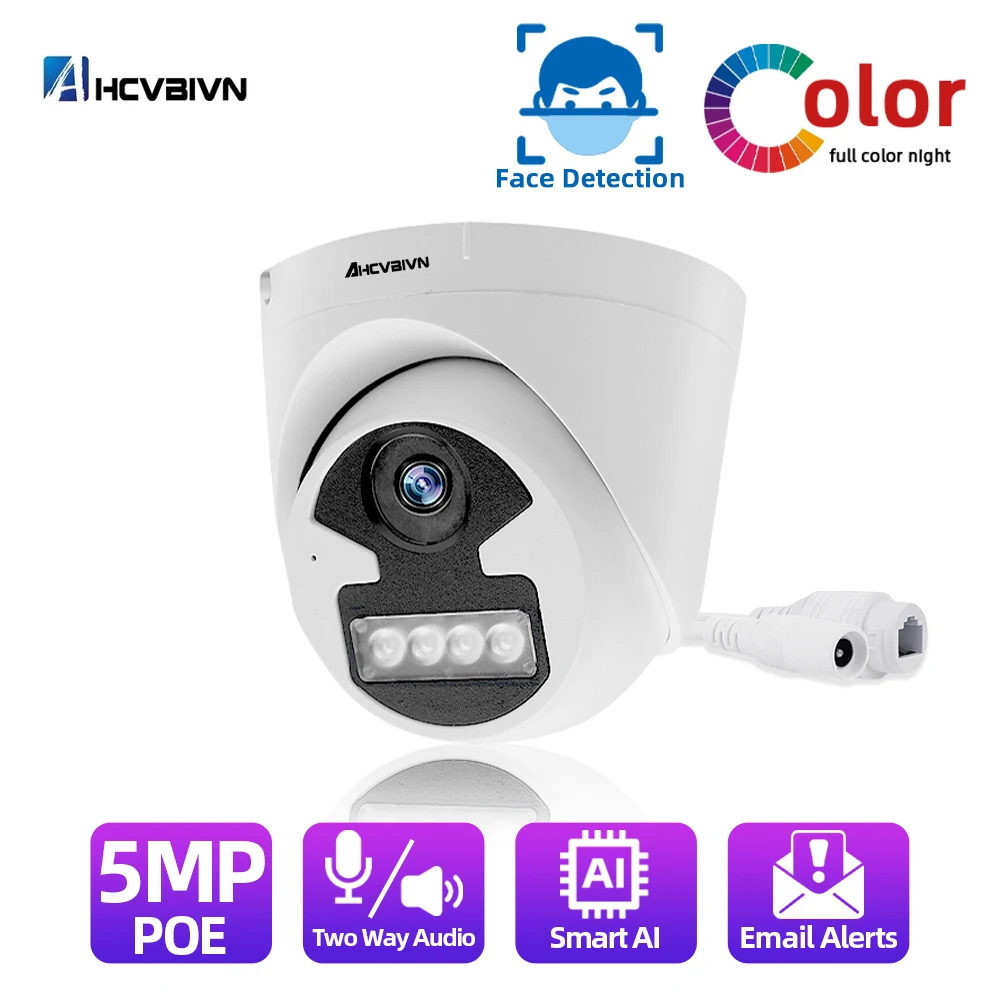 

48V 5MP AI POE IP Camera Face Detection Colorful Night Vision Indoor Dome Two Way Audio Camera For NVR Video Surveillance System