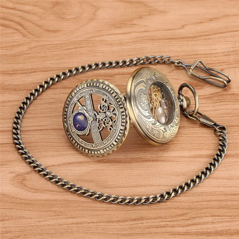Ancient Classical Watches Unisex Mechanical Hand Winding Pocket Watch Roman Number Skeleton Timepiece Fob Chain Collectable Gift