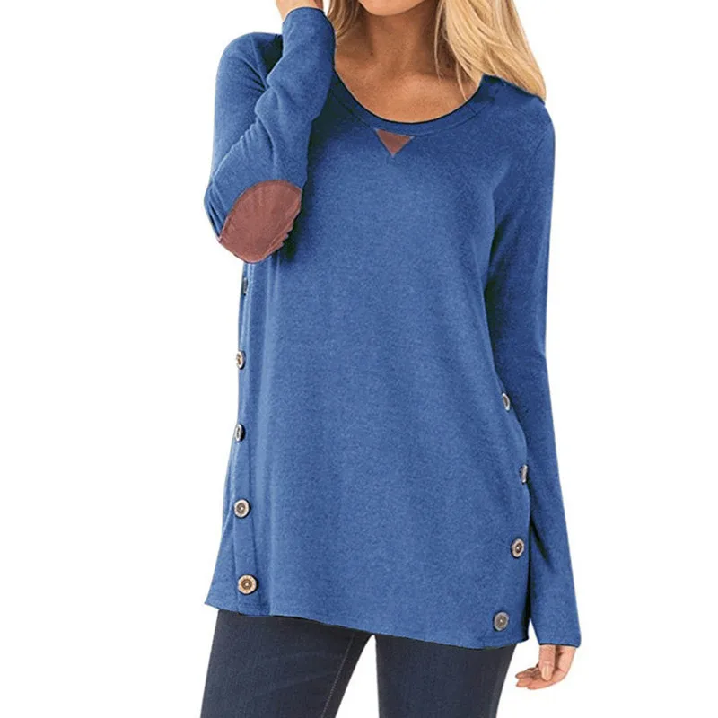 

YELITE Autumn Women Base T-shirt Round Collar Casual Loose Long Sleeve Slim Button Patch Decoration Women Long Sleeve T-shirt