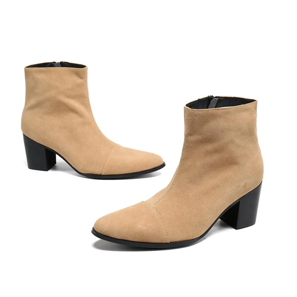 Pointed Toe Suede Leather Dress Boots Men High Heel Fashion Business Vintage Short  Ankle Chelsea Boots