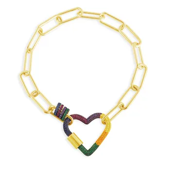 

SLJELY Luxury S925 Sterling Silver Yellow Gold Color Jewelry Multicolor Cubic Zirconia Rainbow Heart Chain Bracelet for Women