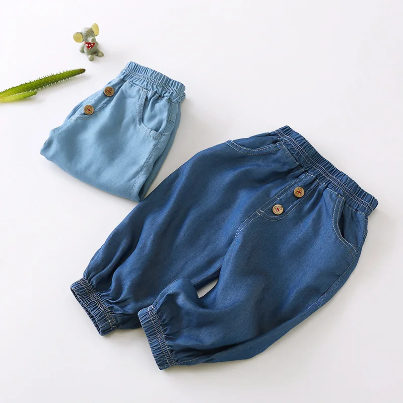 

Summer Childrenswear Men And Women Children Korean-style Crawler Tencel Cotton Two-Button Denim-like Fabric Capri Pants 30901