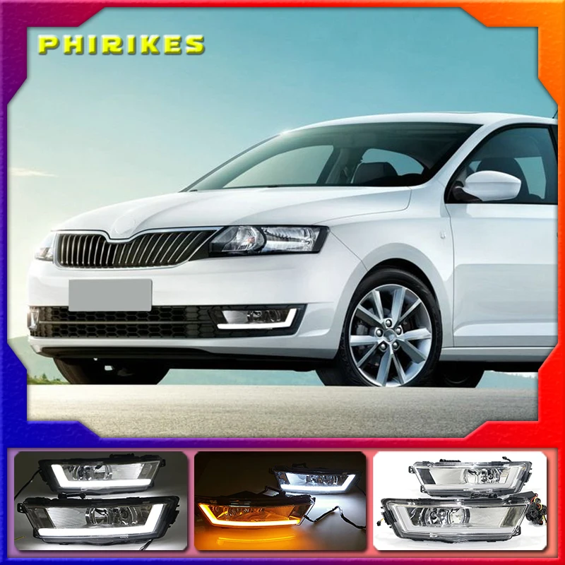 

1 set LED DRL Daytime Running Lights Daylight With turnning yellow signal Lamp For Skoda Rapid 2013 2014 2015 2016 2017