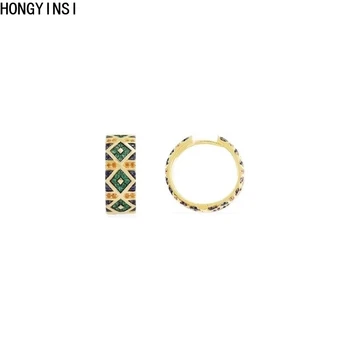 

Women Brand Design Earring with S925 Yellow Gold Color Single Multicolor Zirconia Stripes Oval Hoop Mono Earring