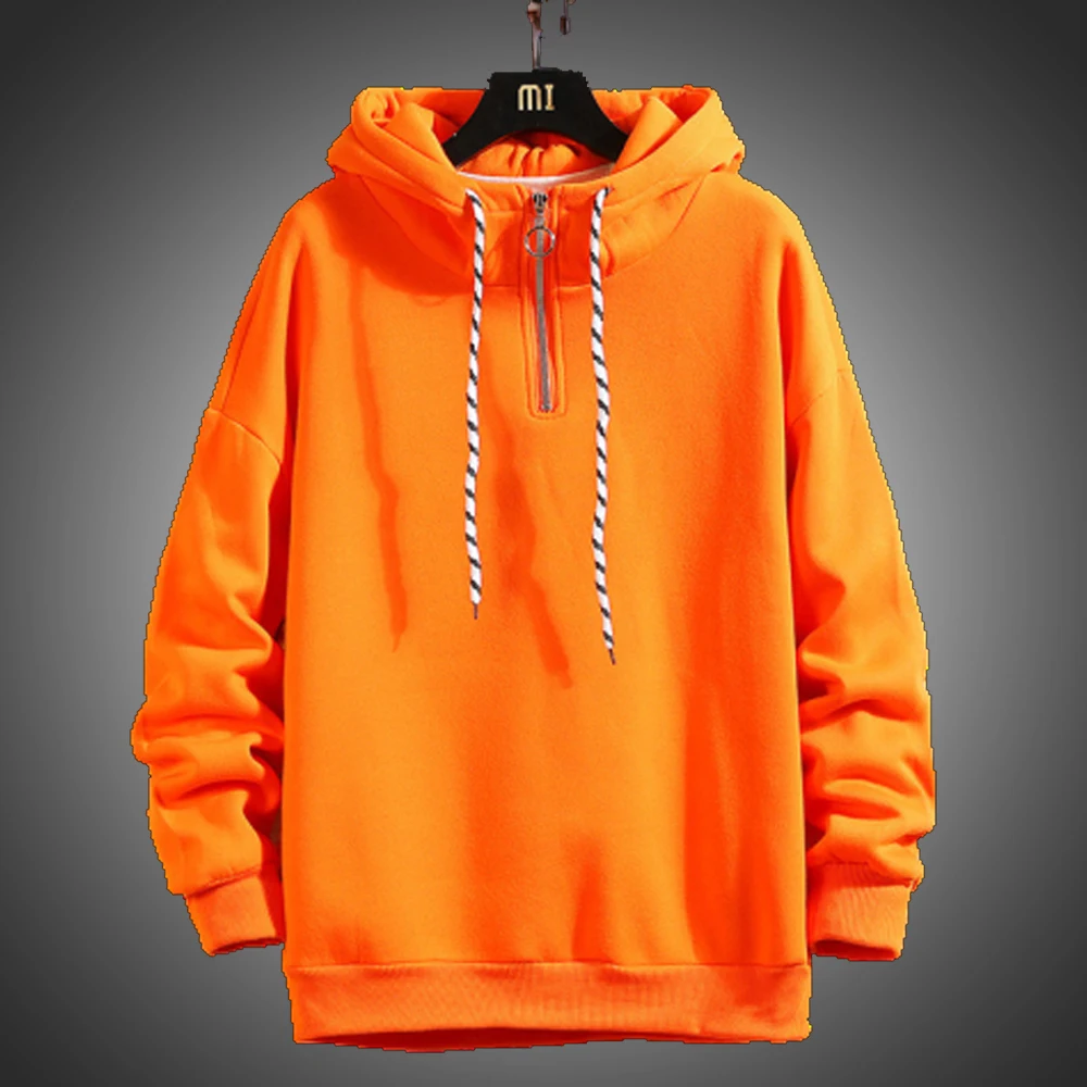 Autumn Winter Thick Men Streetwear Hoodies Sweatshirts Pure Color Hoodies Orange Pullover Warm 