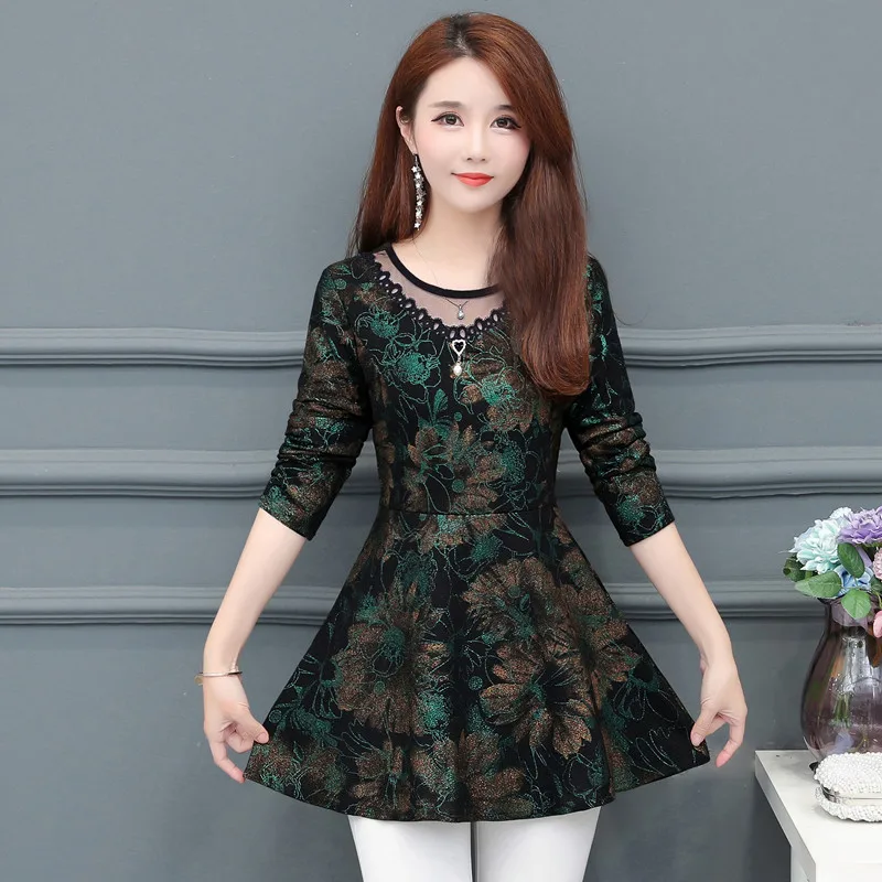 

Transparent O-Neck New Autumn Shirts Printed 2019 Long Sleeve Plus Size Long Blouses shirts Jacquard Embroidery Lengthen 805B7