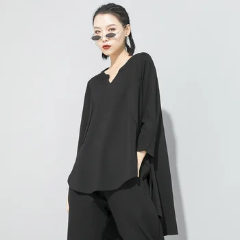 

Small V Collar Irregular T Shirt Dovetail Slim Short Front And Long Back Claf-lenght Sleeve Women Wear Summer Black T Shirt Z2