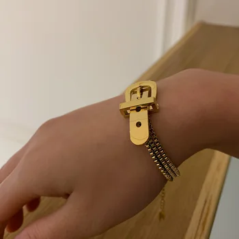 

Timeless Wonder Titanium Buckle Belt Layered Box Chain Bracelet Women Stainless Steel Punk Gothic Gold Boho Ins Hiphop Rare 1624