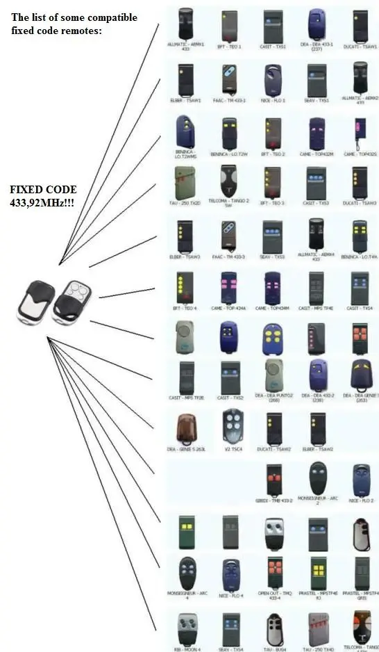 

Universal remote control replacement, clone, duplicator Fixed code 433,92MHz