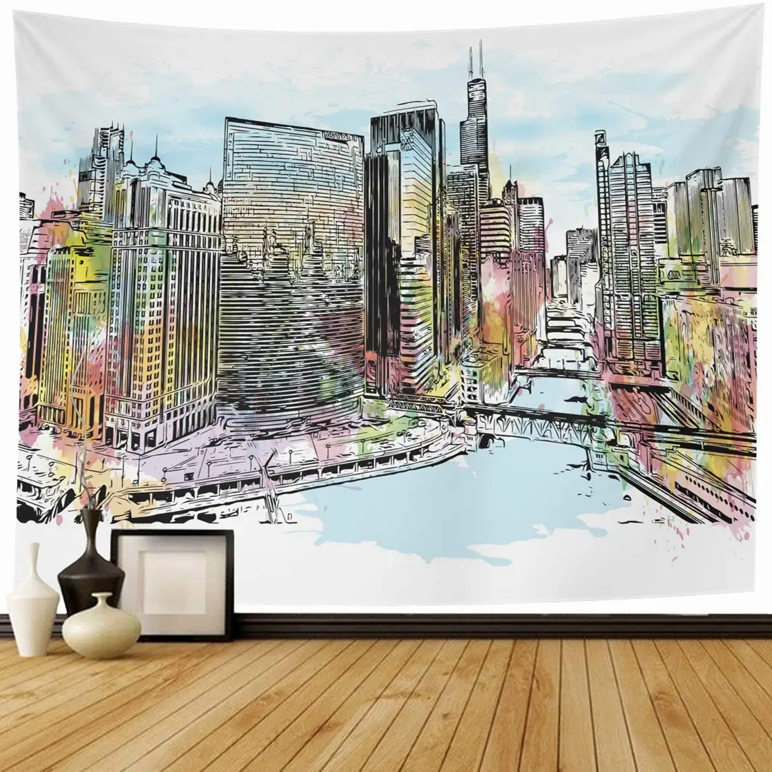 

Famous River Watercolor Splash Sketch Du Sable Bridge Chicago Skyline Water Abstract America Design Home Decor