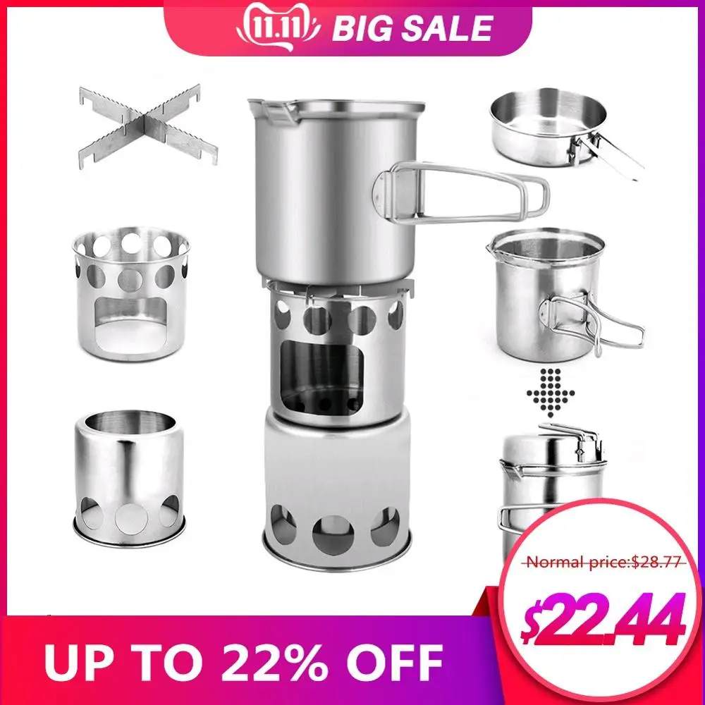 Vente Haute qualité Portable Camping en plein air poêle à bois Pot ensemble poêle sous pique nique en plein air pliant randonnée voyage bois de chauffage poêle Pot