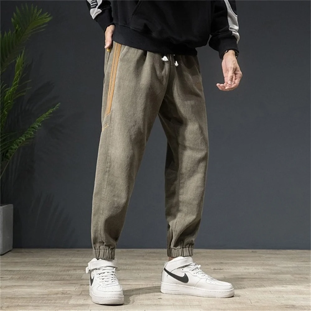 EH·MD® Elastic Waist Tie Jeans Men's Binding Feet High Elasticity Large Size Embroidered Word Art 3D Double Line Pants Thick New