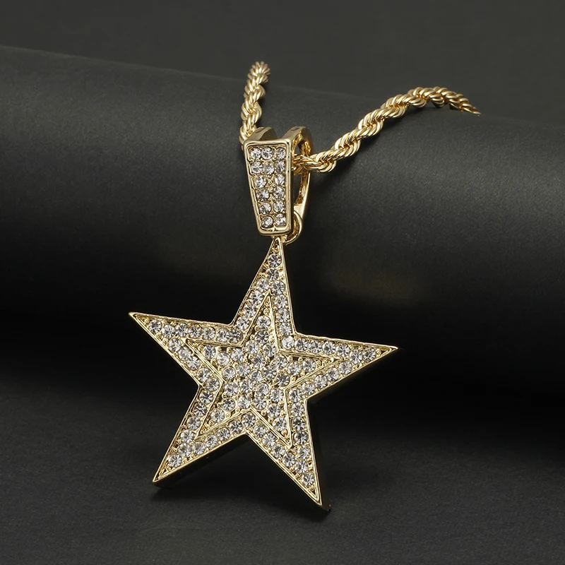 Men Hip hop Iced Out Bling five-pointed star Pendant Necklaces Pave Setting Zircon Fashion Charm Gold Color Necklace