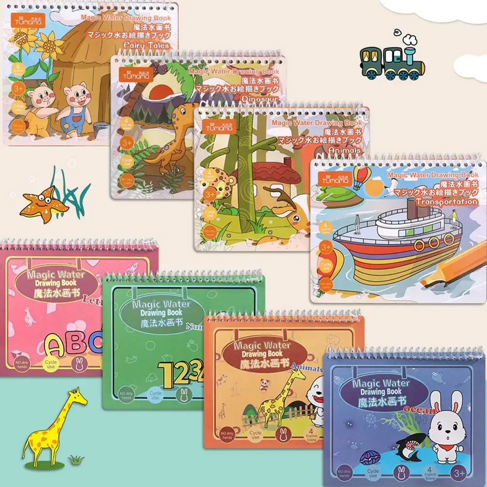 Kids Magic Water Drawing Book Pen Coloring Numbers Letters Animals Painting Toys