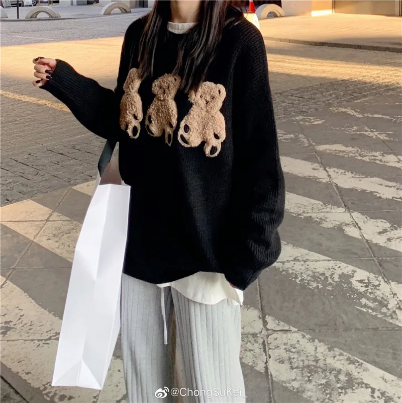 

New Embroidered Bear Cartoon Pattern Sweaters Women Round Neck Long Sleeve Sweater Pullovers For Autumn