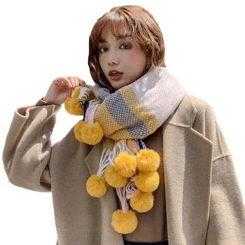 

Playful Cute Rabbit Fur Pompoms Pashmina Cashmere Shawl Plaid Wool Scarf For Women Soft Warm Female Poncho Fashion Lady Scarves