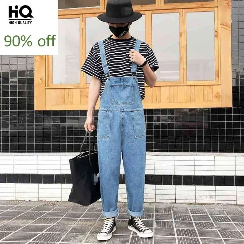 

High Street Denim Jumpsuits Men Ankle Length Button-Strap Jeans Fashion Loose Fit Hip Hop Jumpsuit One-Piece Harem Pants S-2XL