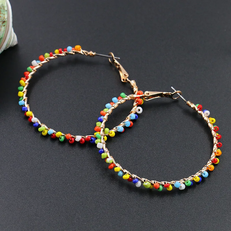 Boho большой круг комплект серег-колец Ручной работы Бусины петля Huggie серьги для женщин девочек креольские ювелирные изделия Pendientes Aros Brinco Femme