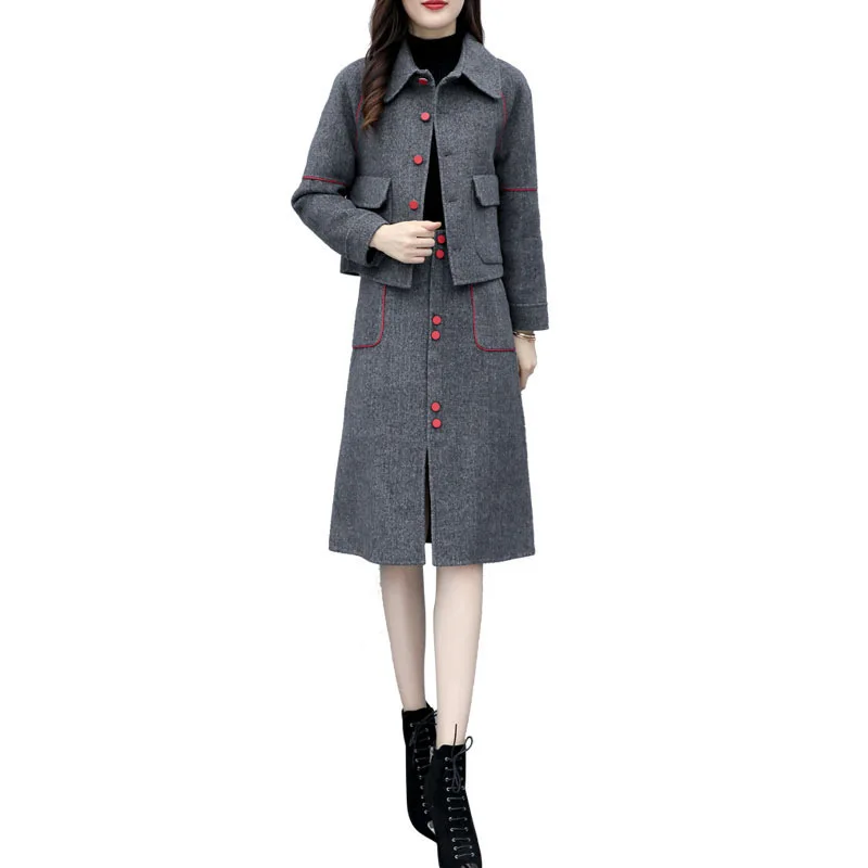 

Woolen 2 sets of women's new winter fashion temperament office ladies single-breasted two-piece woolen short coat skirt suit