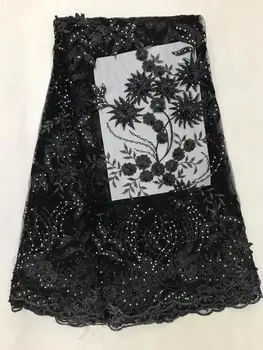 

Latest African Lace Fabric Black French Stones Net Lace Fabric/High Quality African Beaded Tulle Fabric JL19821