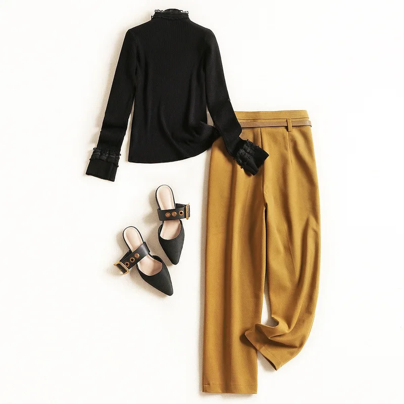 Women winter fashion suede pant suit female black gothic turtleneck sweater top faux suede pencil pants two-piece set khaki