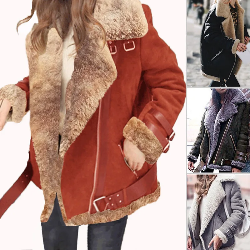 

High -Quality Female Imitation Suede Lamb Keep Warm Wool Coat Motorcycle Lapels Thicker Jacket Woman Coats Winter 2018