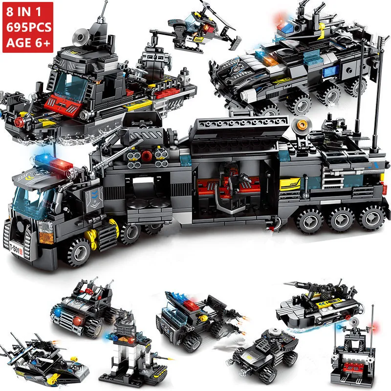 8Pcs lot City Police SWAT Technic Truck Car Boat LegoINGLs Building Blocks Sets Juguetes DIY Bricks 1