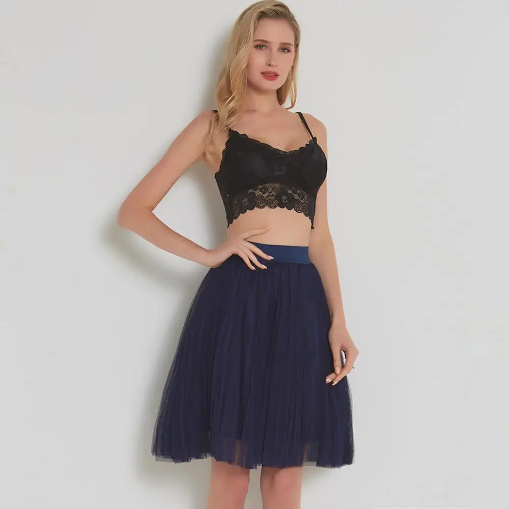 navy blue Тюлевая юбка s Женская Черная серая белая взрослая Тюлевая юбка эластичная высокая талия плиссированная юбка миди - Цвет: navy blue