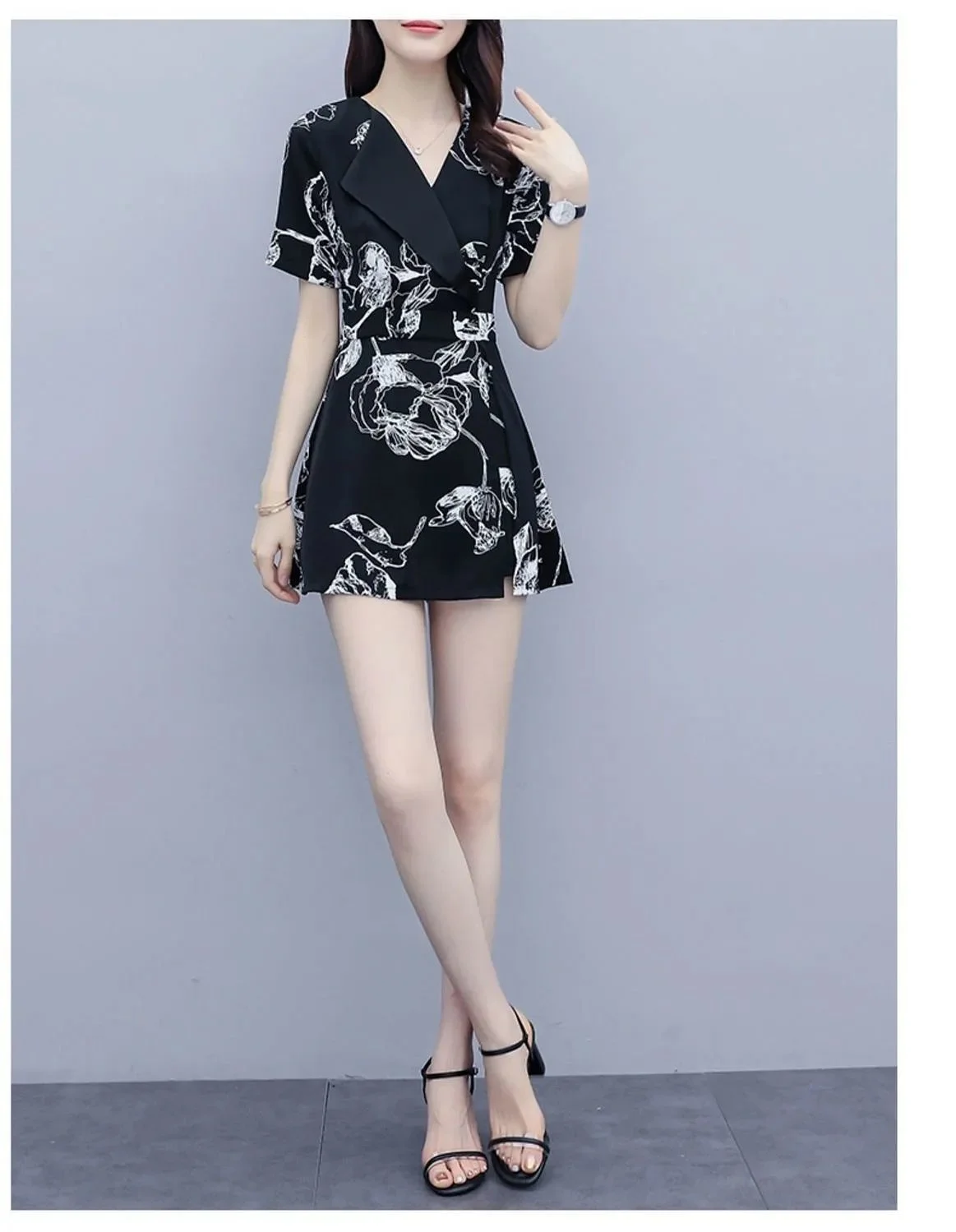 Women Matching White Outfits 2021 Summer New Fashion Print Suit Collar Top Wide Leg Shorts Two Piece Set Leisure Office Clothing white co ord set