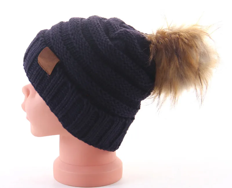Зимняя Брендовая женская шапка с помпонами, зимняя шапка для детей, шапка для девочек, вязаные шапочки, шапка, плотная детская шапка, шапочки - Цвет: navy blue with tag