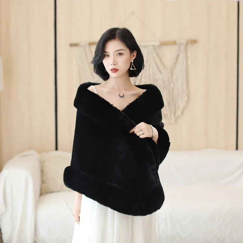

Black Faux fur Women Bridal Wedding Party Shawl Shrug Jacket Cape Stole