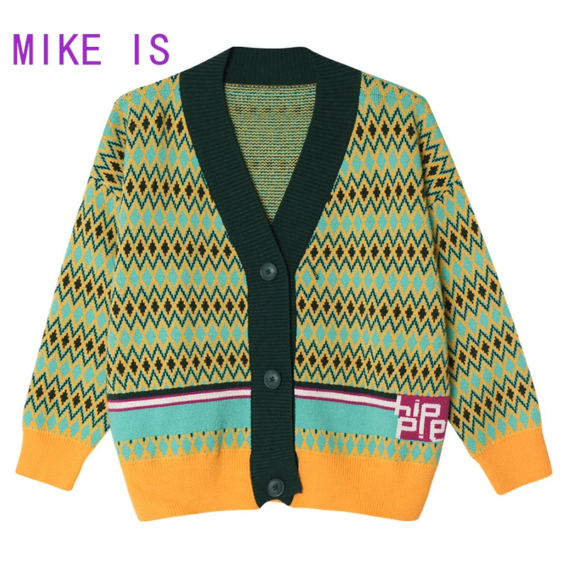 

Vintage Argyle Knitted Cardigans Women Rhombus Pattern Casual Sweater Chic Yellow Purple Eometric Fashion Basic Hit Casual Tops