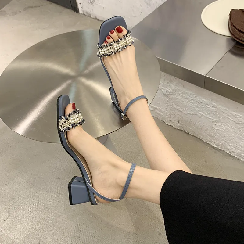 

Sonlarfu Sandals women 2020 new versatile peep toe sexy pearl button strap thick heel shoes