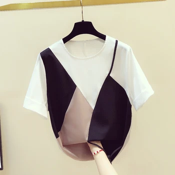 

Patchwork chiffon short sleeve t shirt women Korean lace up o-neck tee shirt femme fake two pieces tshirt 2020 summer tops